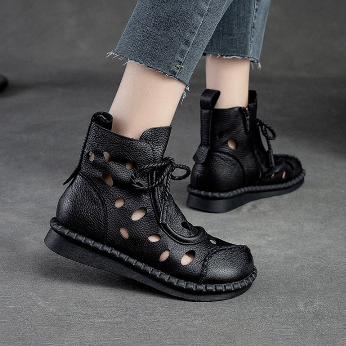 Botas retro de suela blanda huecas para mujer