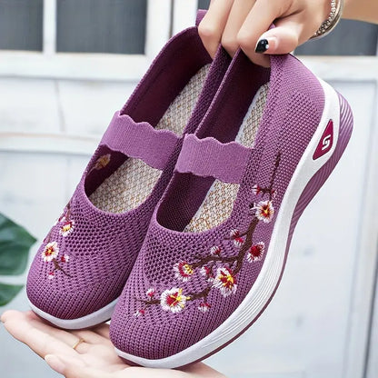 Zapatos planos de punto para mujer, cómodos y bordados con flores