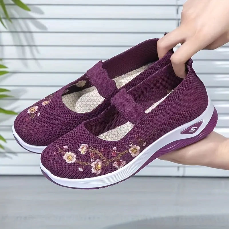 Zapatos planos de punto para mujer, cómodos y bordados con flores