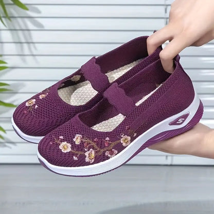 Zapatos planos de punto para mujer, cómodos y bordados con flores