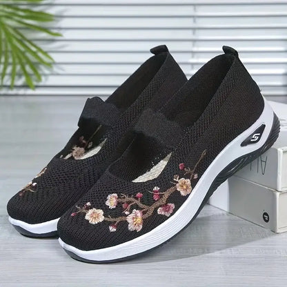 Zapatos planos de punto para mujer, cómodos y bordados con flores