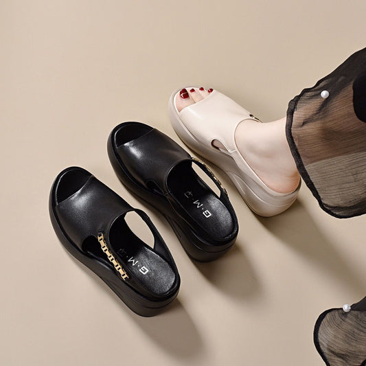 Zapatos de cuña de punta abierta de cuero