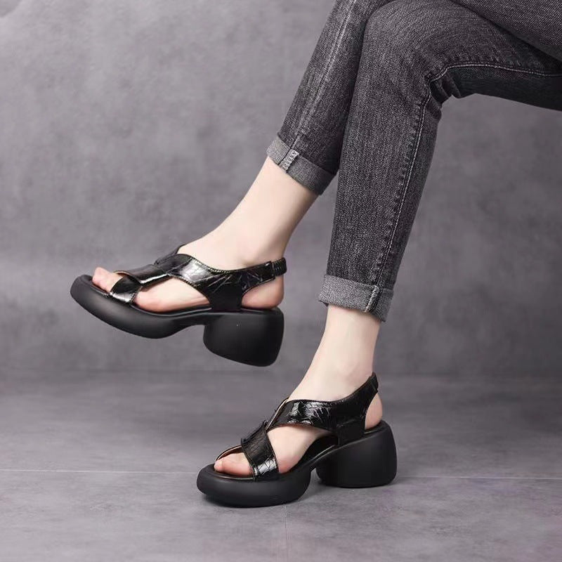Zapatos romanos casuales de suela blanda y tacón grueso