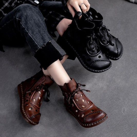 Botas retro de suela blanda huecas para mujer