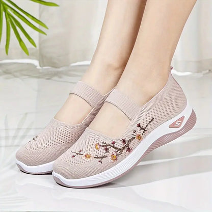 Zapatos planos de punto para mujer, cómodos y bordados con flores