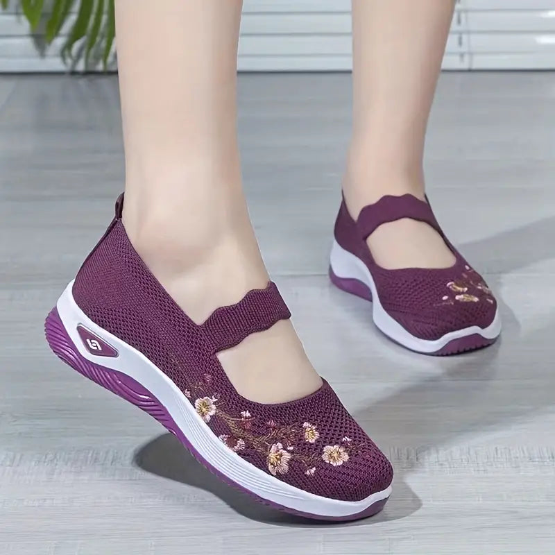 Zapatos planos de punto para mujer, cómodos y bordados con flores