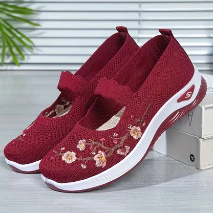 Zapatos planos de punto para mujer, cómodos y bordados con flores